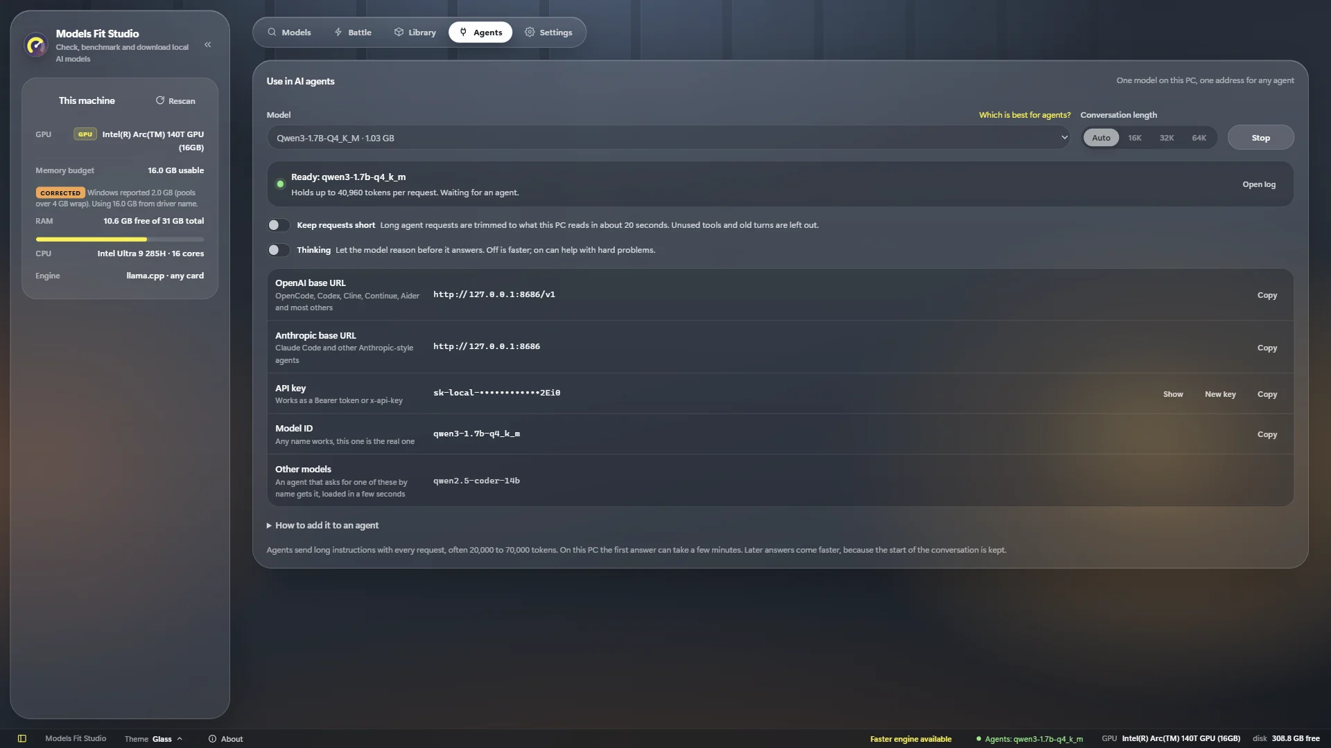 Agents tab: server ready, with OpenAI and Anthropic base URLs, API key and model ID