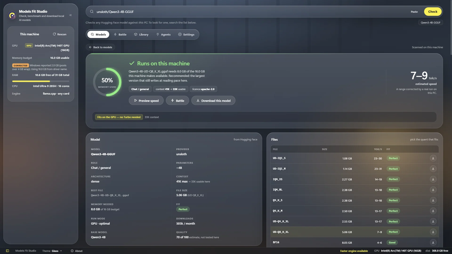 Check result: Runs on this machine, 50% memory used, 7–9 tokens per second